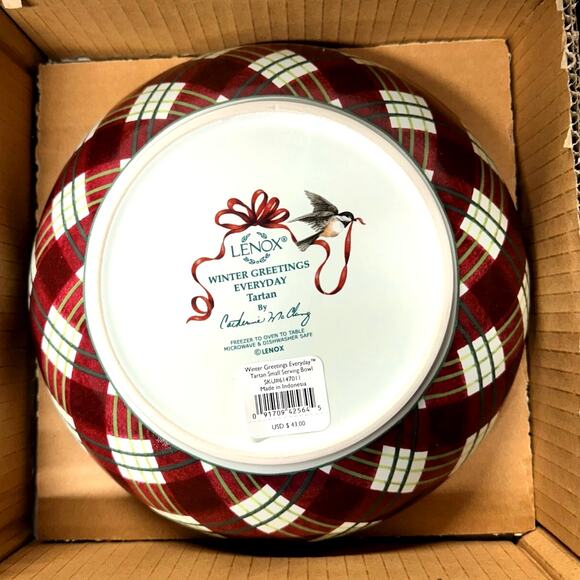 Lenox Winter Greetings Everyday Tartan Cardinal Small Serving Bowl-New in Box! - Picture 3 of 7